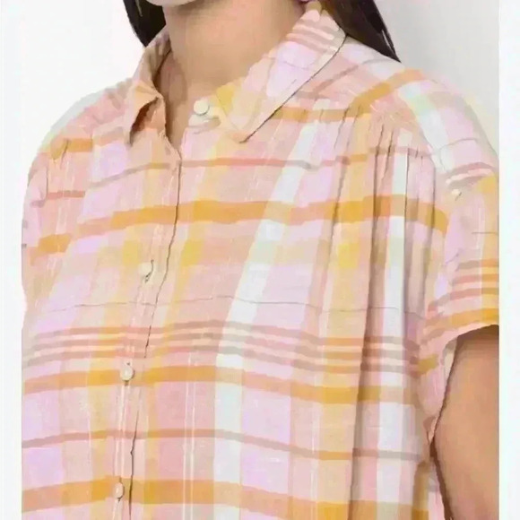 NWT American Eagle Plaid Short Sleeve Pink Orange Button Down Shirt Size X-Small - Picture 3 of 7